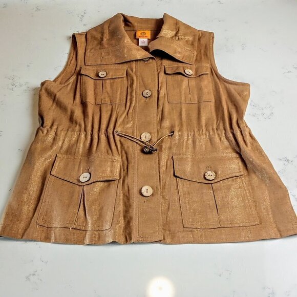 Ruby Rd. Shimmery Gold Tan Linen Button-Down Vest - Picture 3 of 6